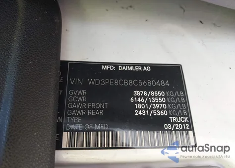 2012 Mercedes-Benz Sprinter 2500 High Roof z USA, uszkodzony, nr VIN WD3PE8CB8C5680484